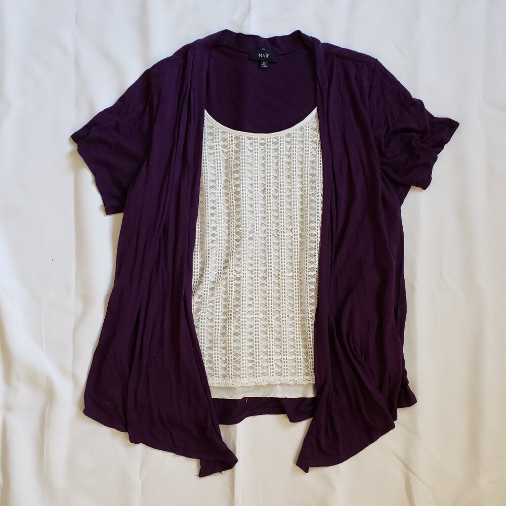 Naif 3X Plus purple cardigan layered crochet style tank waterfall hem sweater